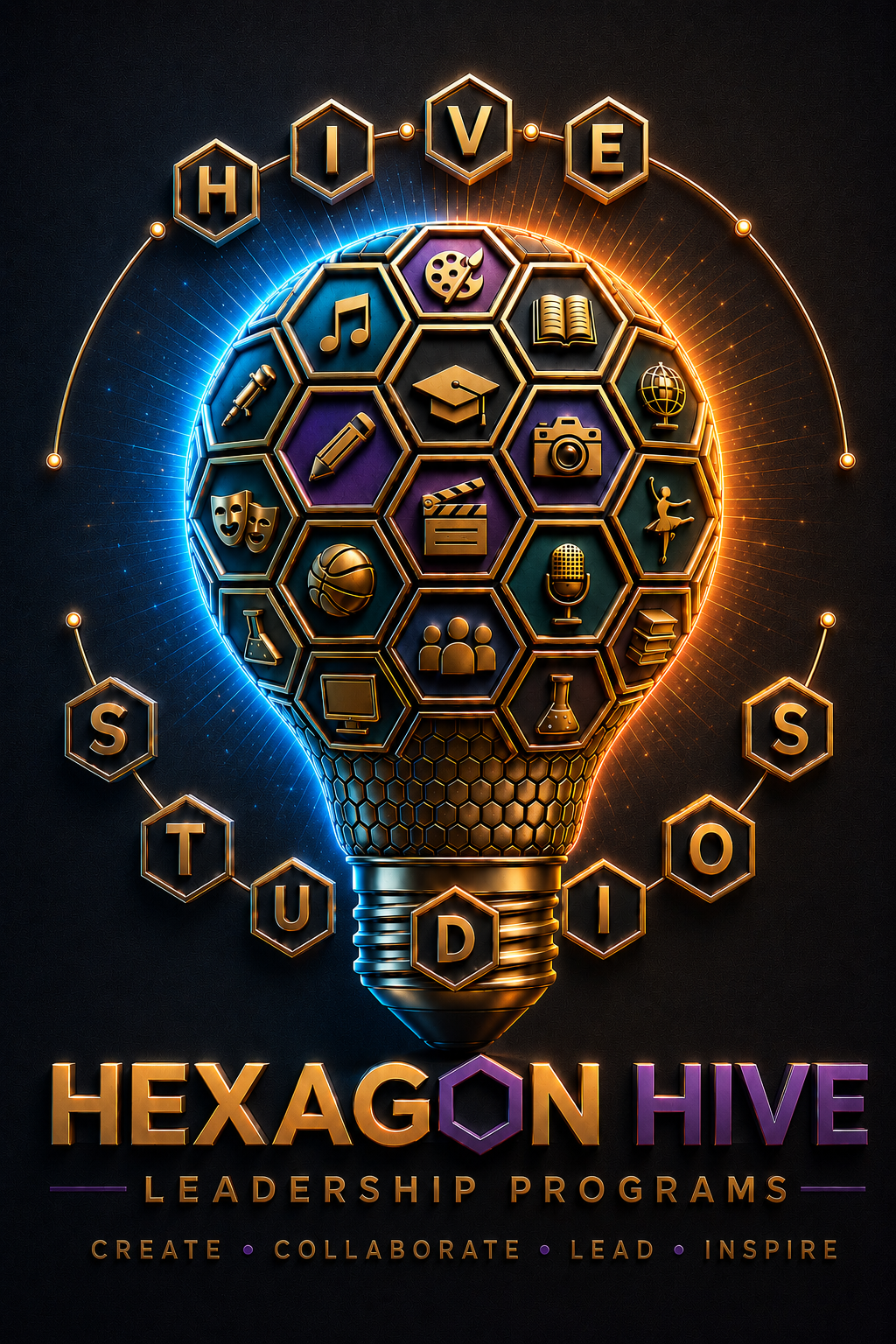 Hexagon Hive emblem: a lightbulb built from interlocking hexagons and creative icons